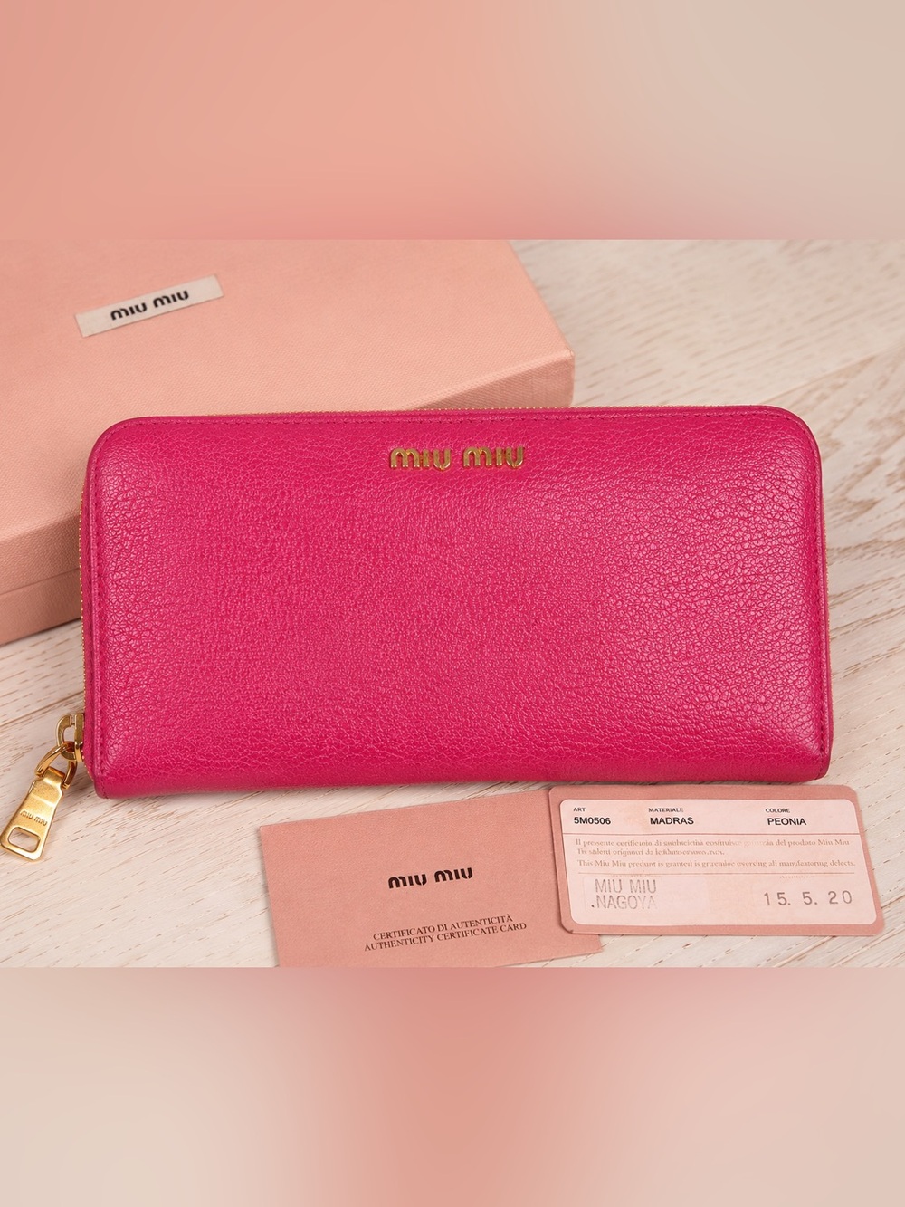 Miu Miu Madras Peonia Pink Zip Around Leather Wallet Authenticated